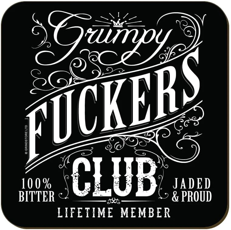 Grumpy F*ckers Club Black Coaster Old Man Humour Cork Funny Saying Dad Grandad