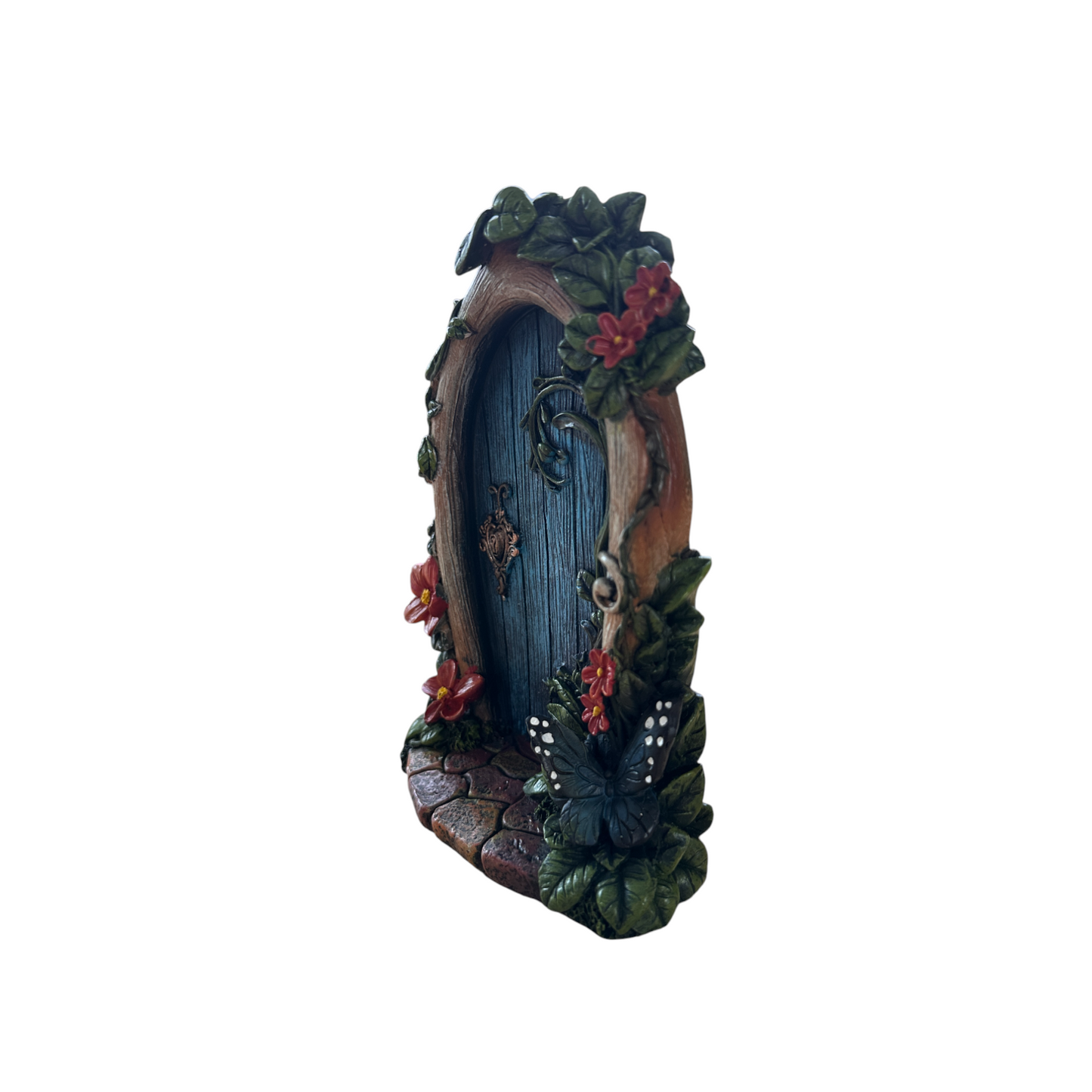 Large Blue Fairy Door With Leaves Flowers Butterfly- Pixie Woodland Decor Magic