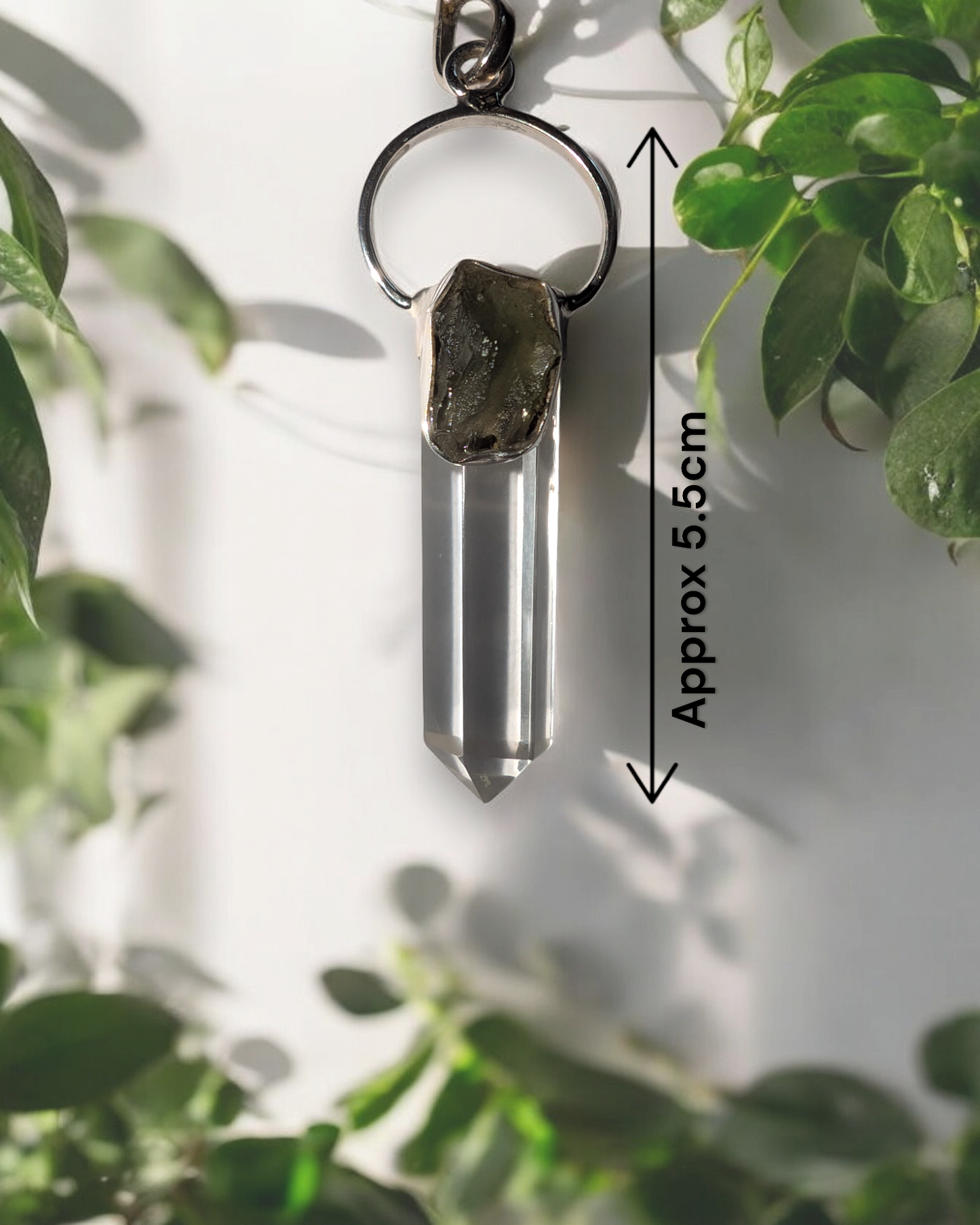 Sterling Silver 925 Moldavite and Quartz Point Pendant 5.5cm