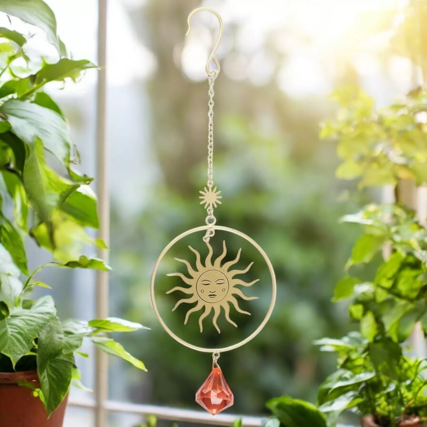 Golden Sun Metal Suncatcher with Glass Crystal Teardrop Boho