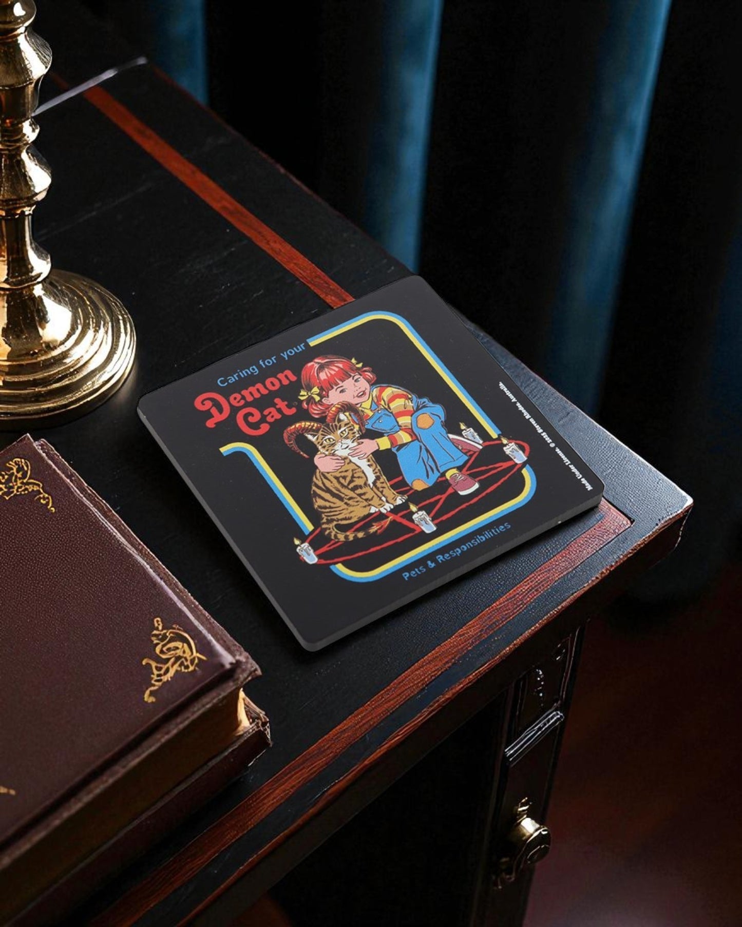 Steven Rhodes Demon Cat Coaster Funny Humour Pagan Witchy Alternative Gift Tea Coffee Lovers