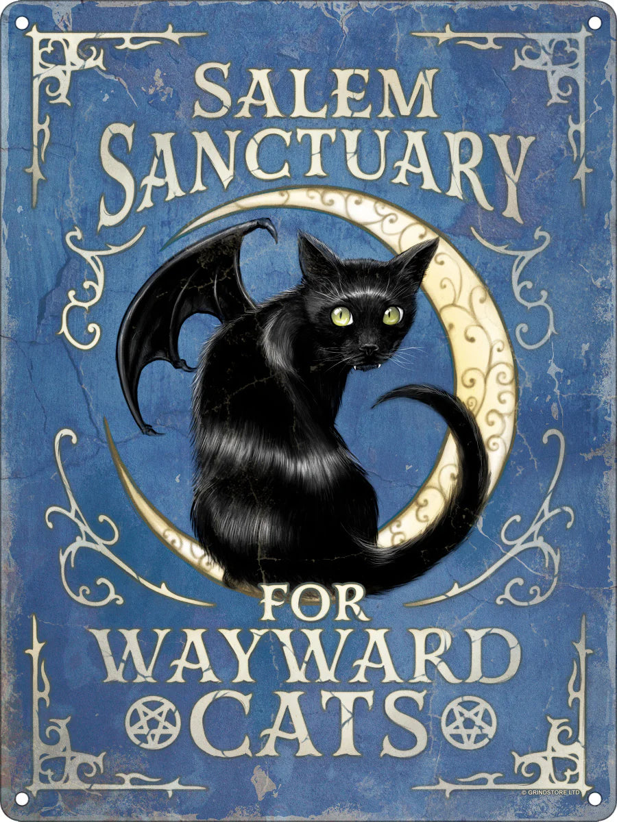 Salem sanctuary for wayward cats - Metal tin sign with a black cat familiar