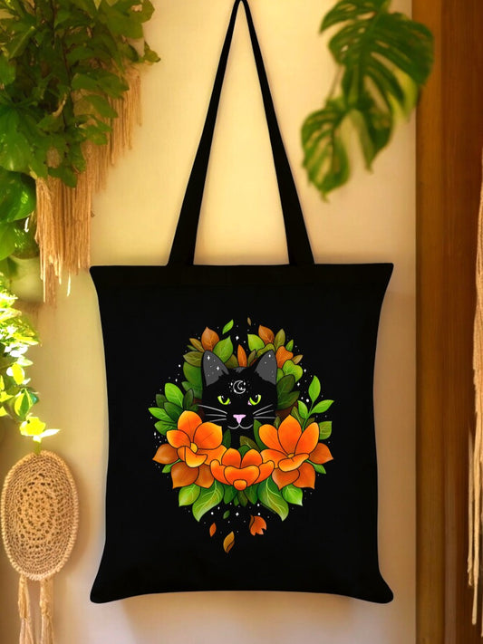 Mystical Lunar Kitty Black Tote Bag