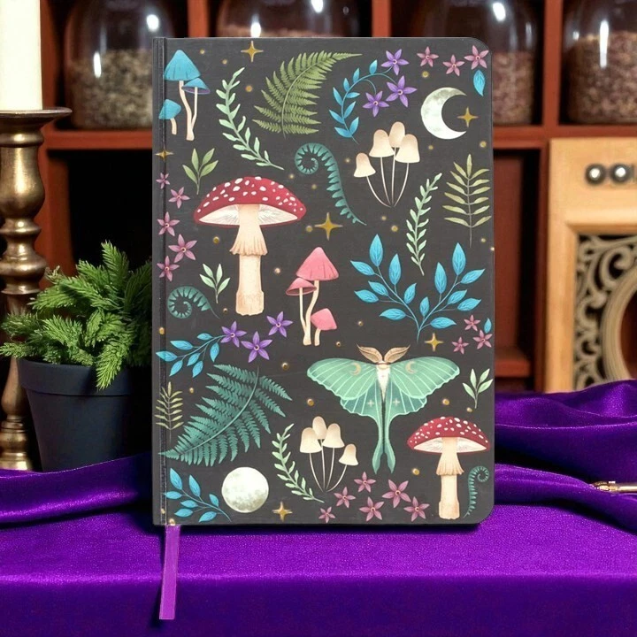 Dark Forest Mushroom Toadstool Moon Moth Leaves A5 Lined Notebook Journal