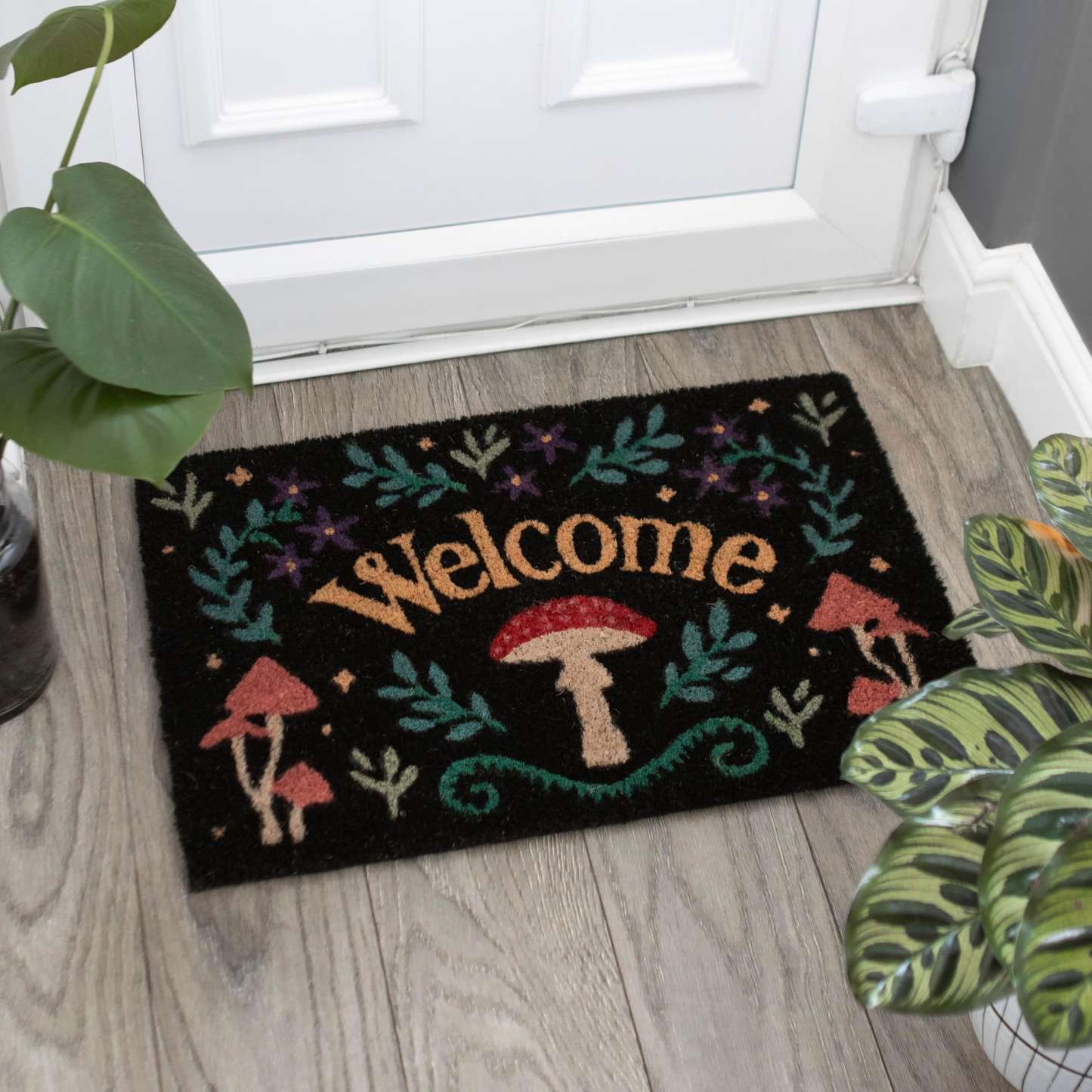 Black Dark Forest Doormat 60x40cm Mushroom Woodland Welcome Door mat
