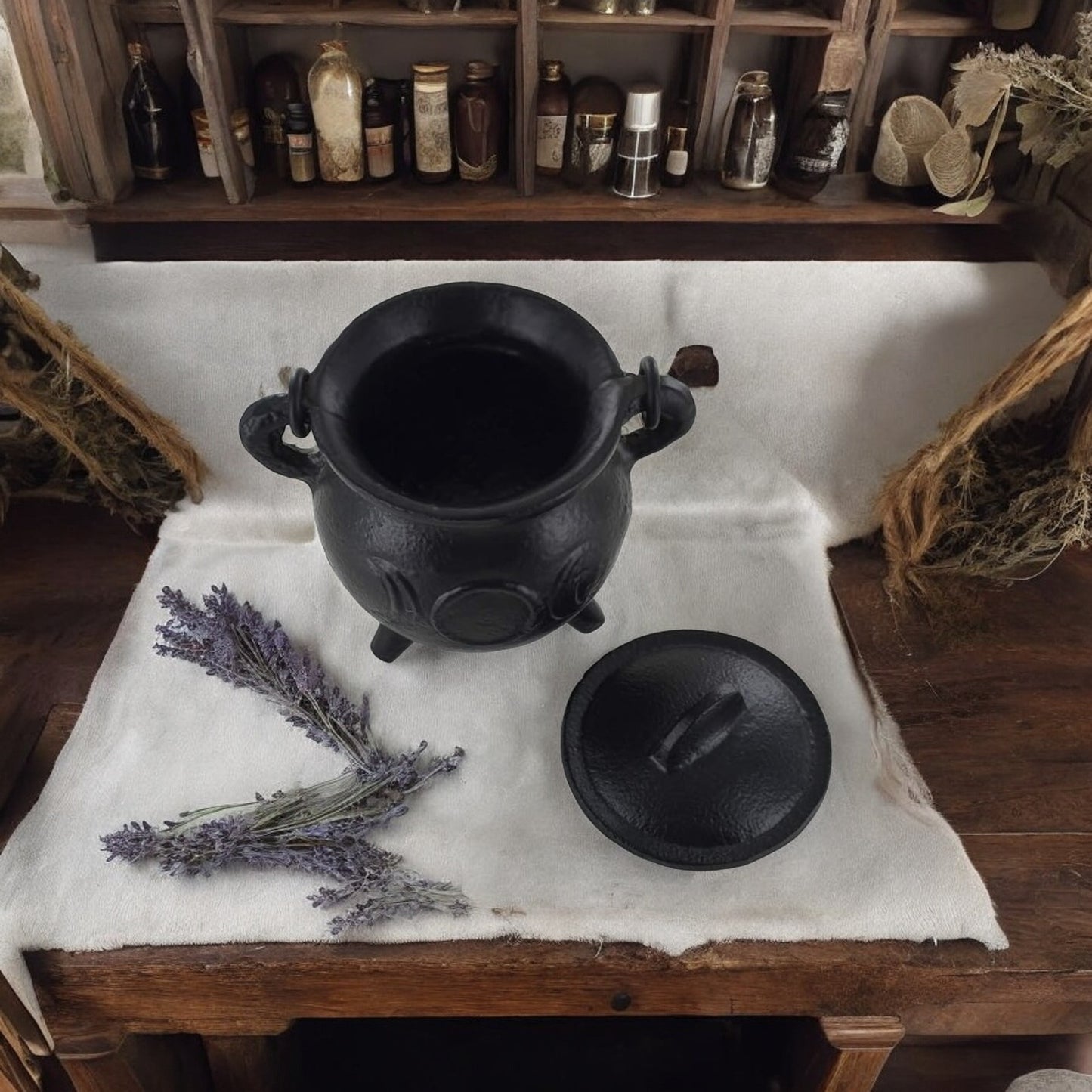 Triple Moon Cast Iron Cauldron for altar or witchy/pagan gift