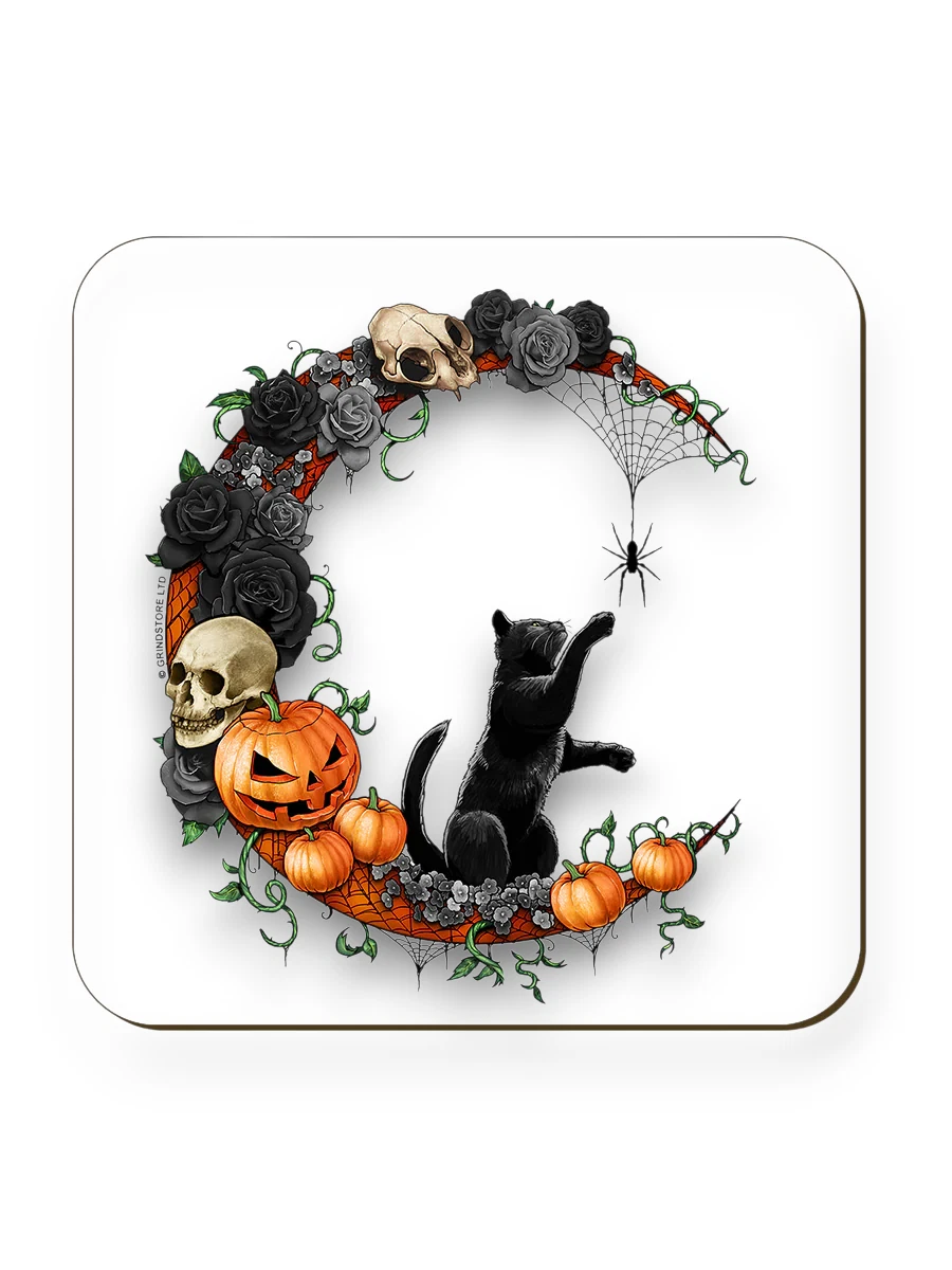 Black Cat Halloween Wreath Coaster Samhain Autumn Spooky Season Skull Witchy