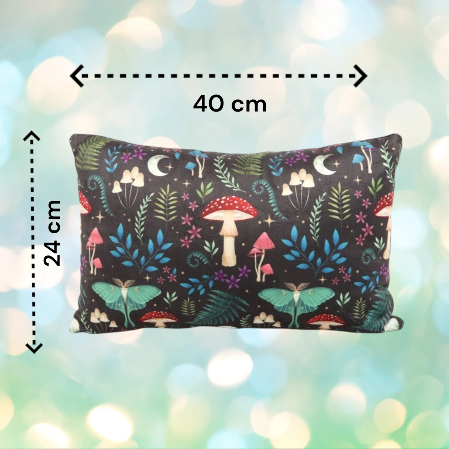 Dark Forest rectangle cushion - Mystical mushrooms/Moths- For sofa or bed - 38cm