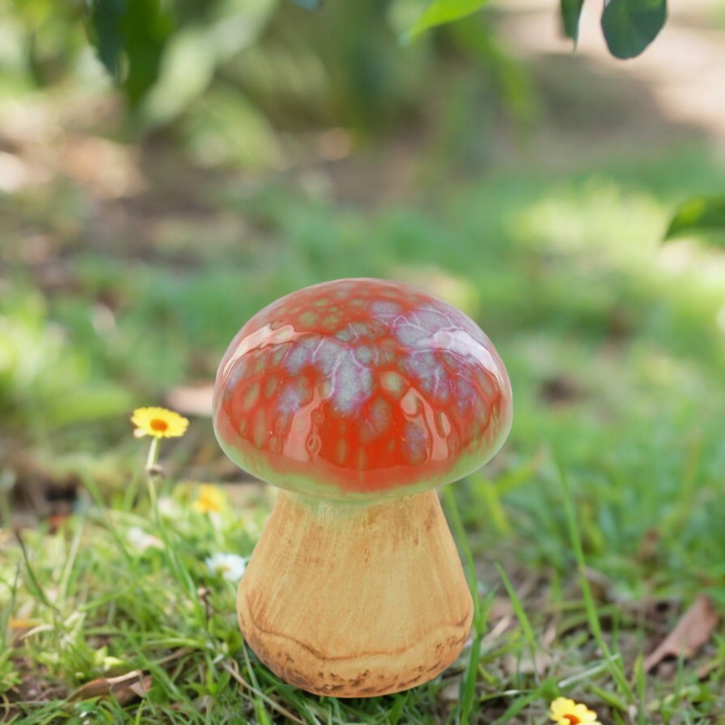 Mini Rounded Orange & Green Ceramic Garden Mushroom Outdoor Decor / fairy garden