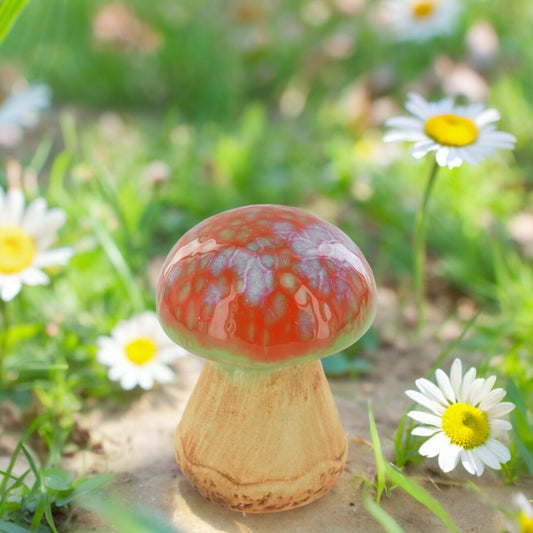 Mini Rounded Orange & Green Ceramic Garden Mushroom Outdoor Decor / fairy garden