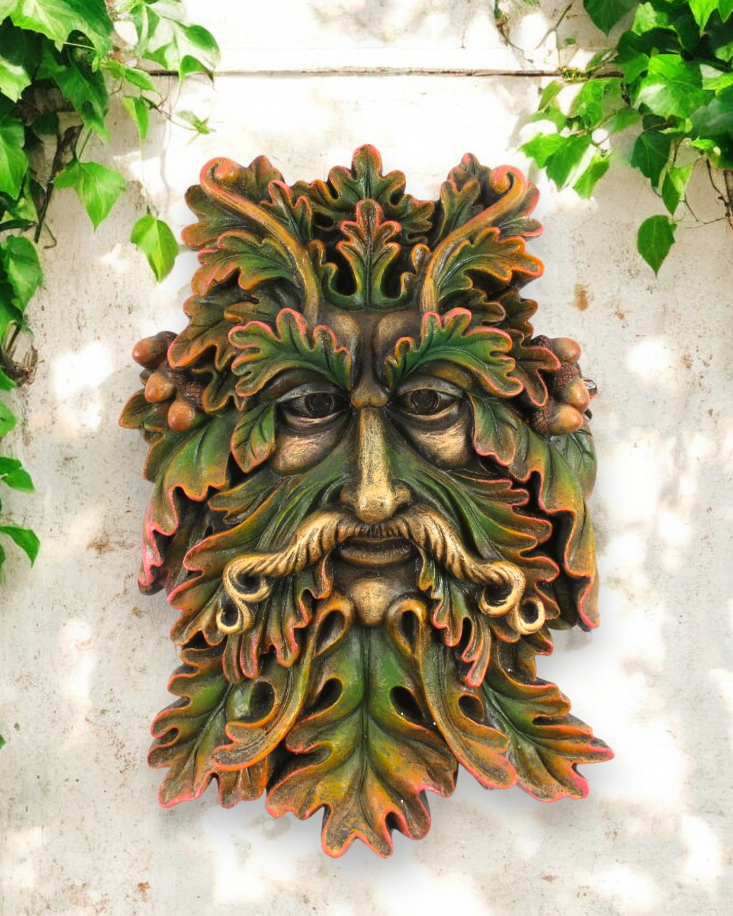 Green Man Wall Plaque with Pink Tipped Oak Leaves & Acorns