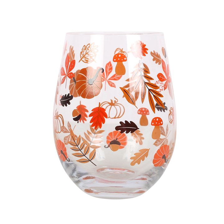 Autumn leaves and pumpkin glass tumbler or stemless wine glass