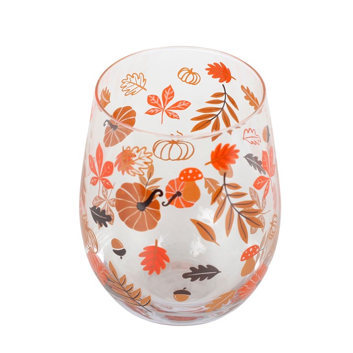 Autumn leaves and pumpkin glass tumbler or stemless wine glass