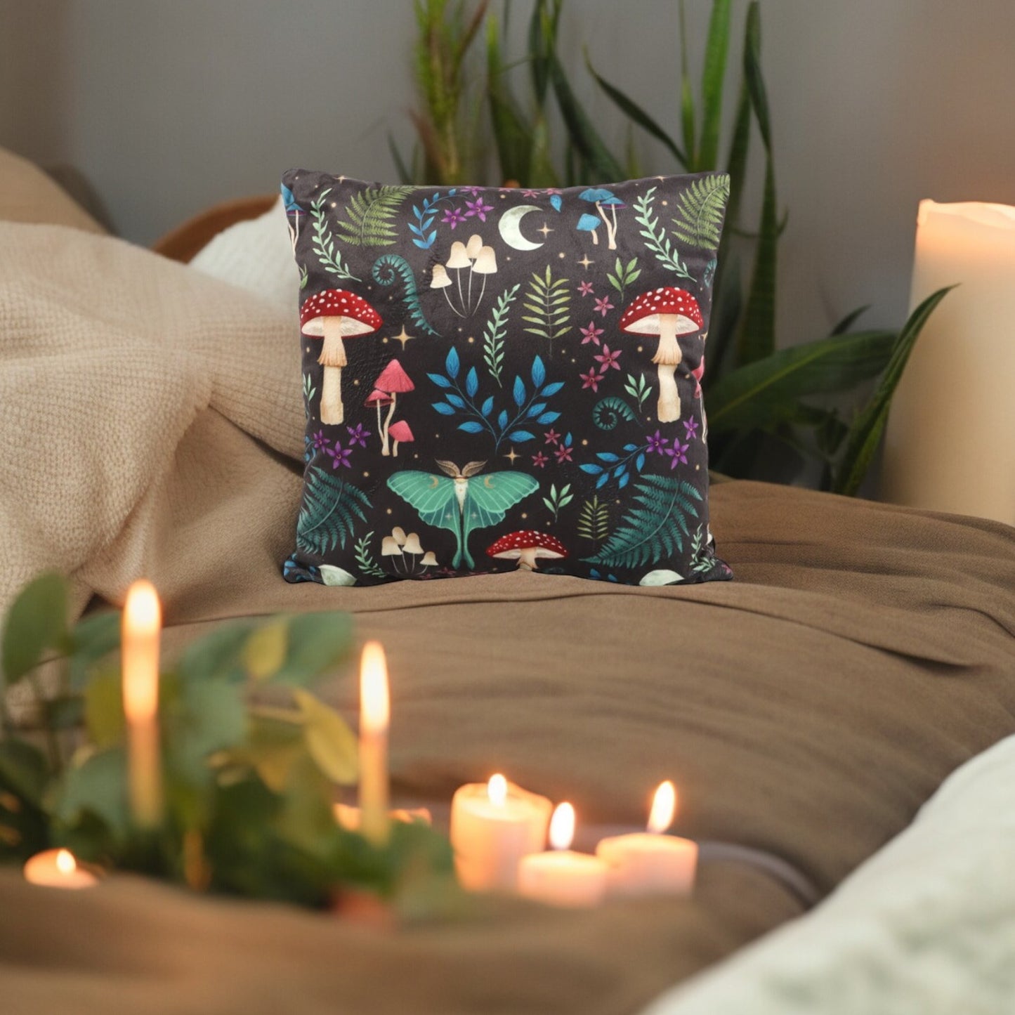 Dark Forest square cushion with mushrooms, wildflowers, moths and moons print.