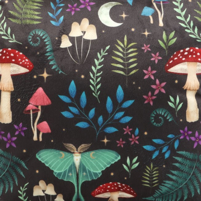 Dark Forest square cushion with mushrooms, wildflowers, moths and moons print.