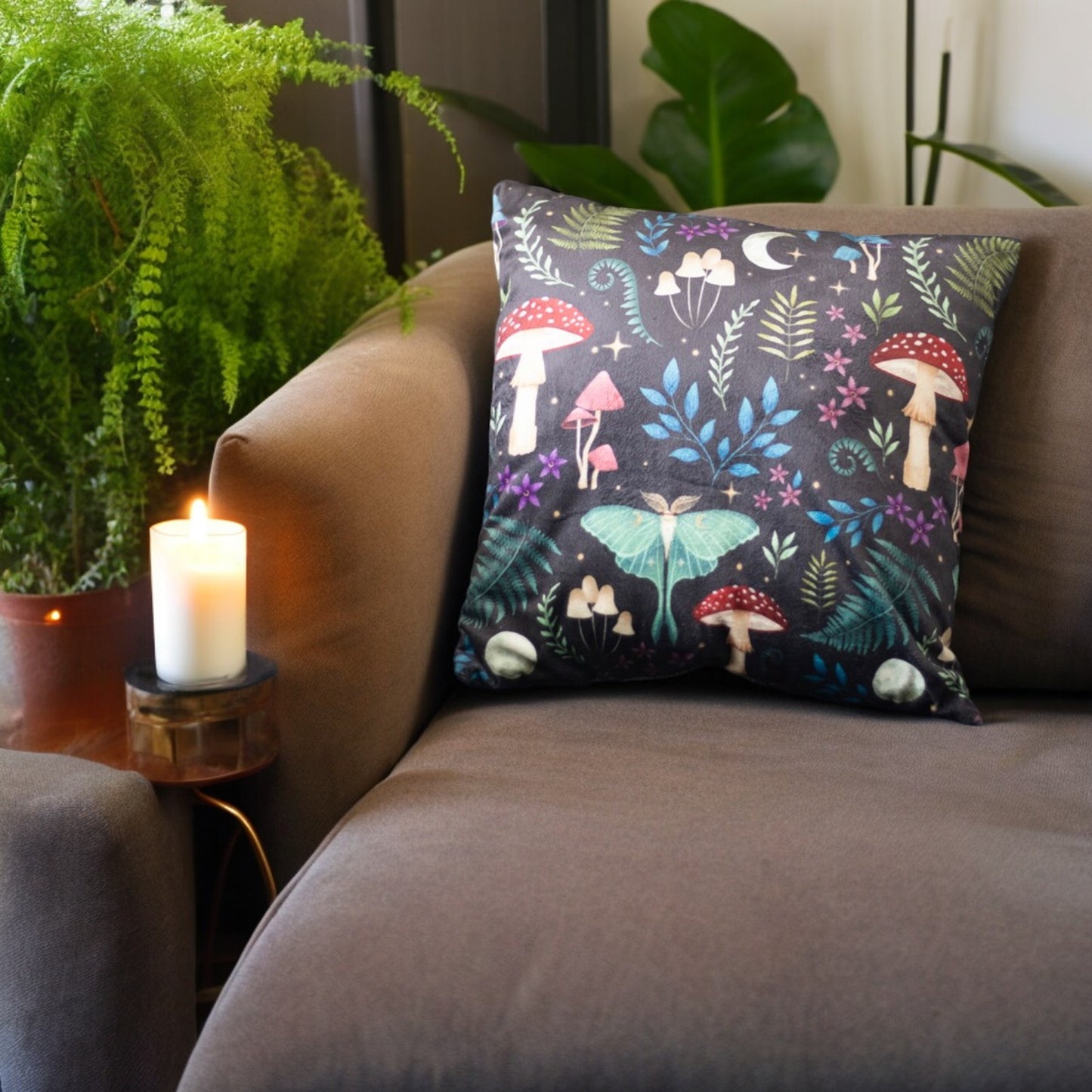 Dark Forest square cushion with mushrooms, wildflowers, moths and moons print.