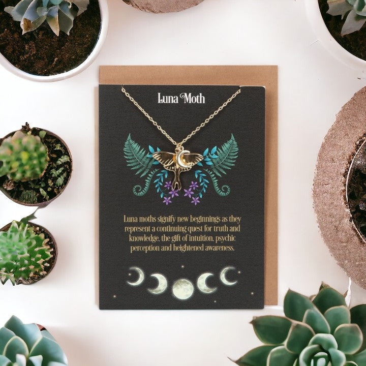 Luna Moth necklace and greeting card