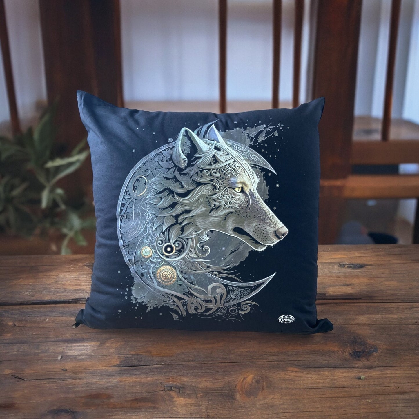 Celtic wolf and moon cushion.