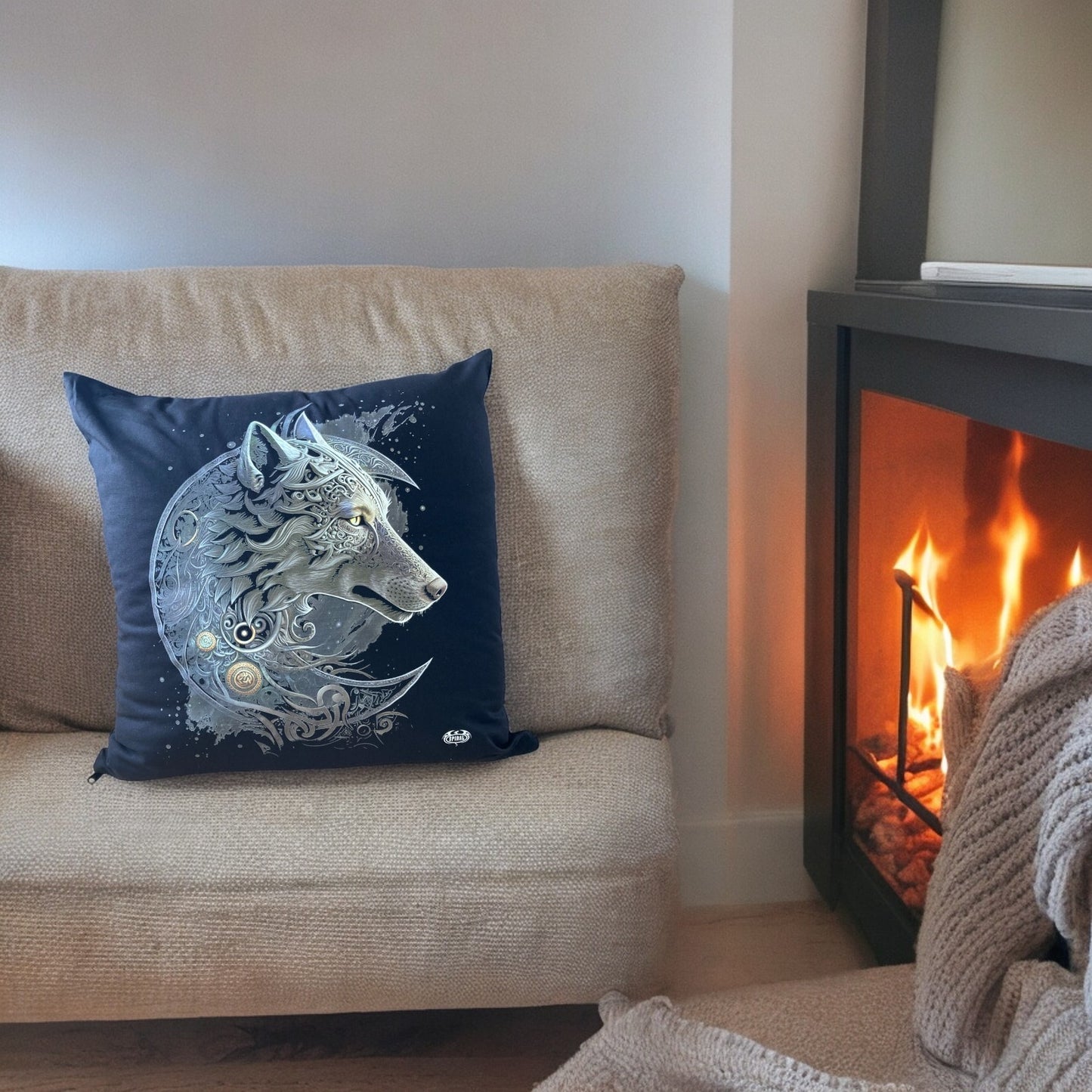 Celtic wolf and moon cushion.