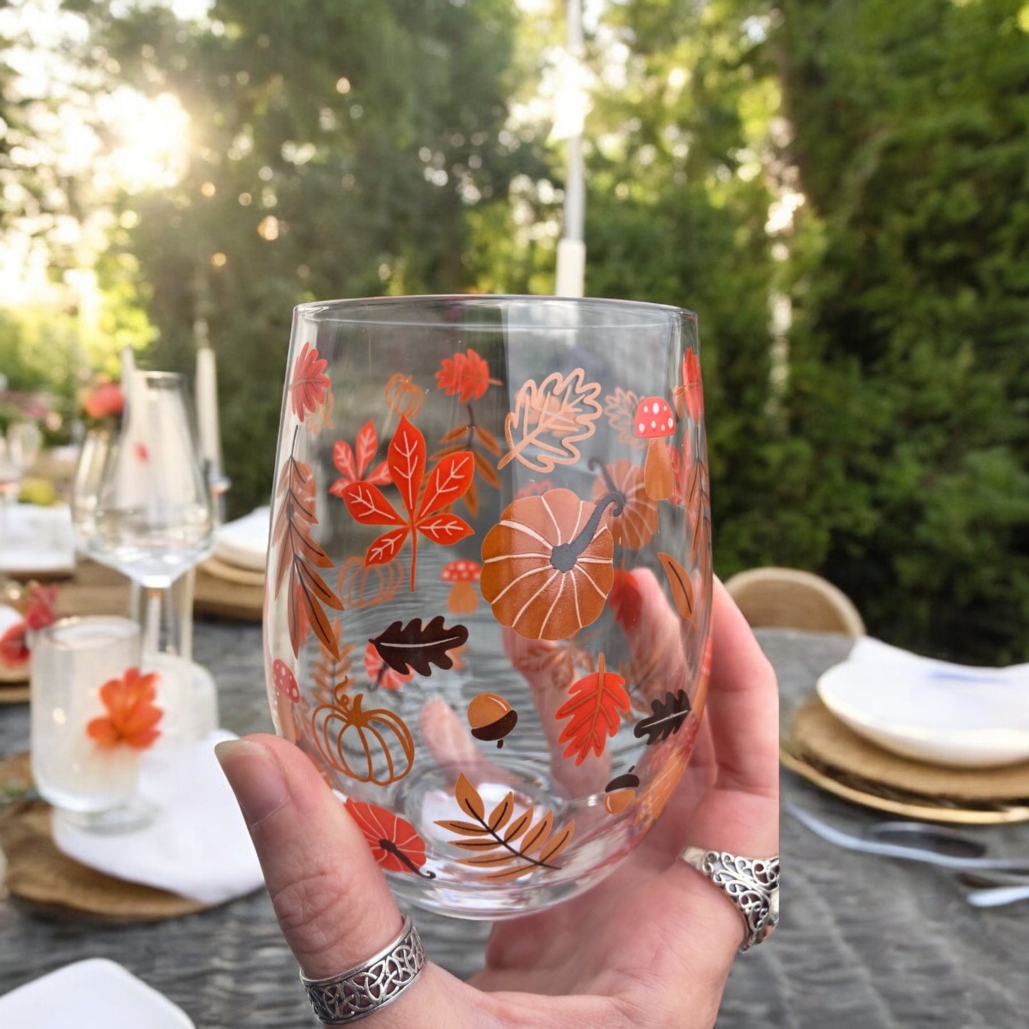 Autumn leaves and pumpkin glass tumbler or stemless wine glass