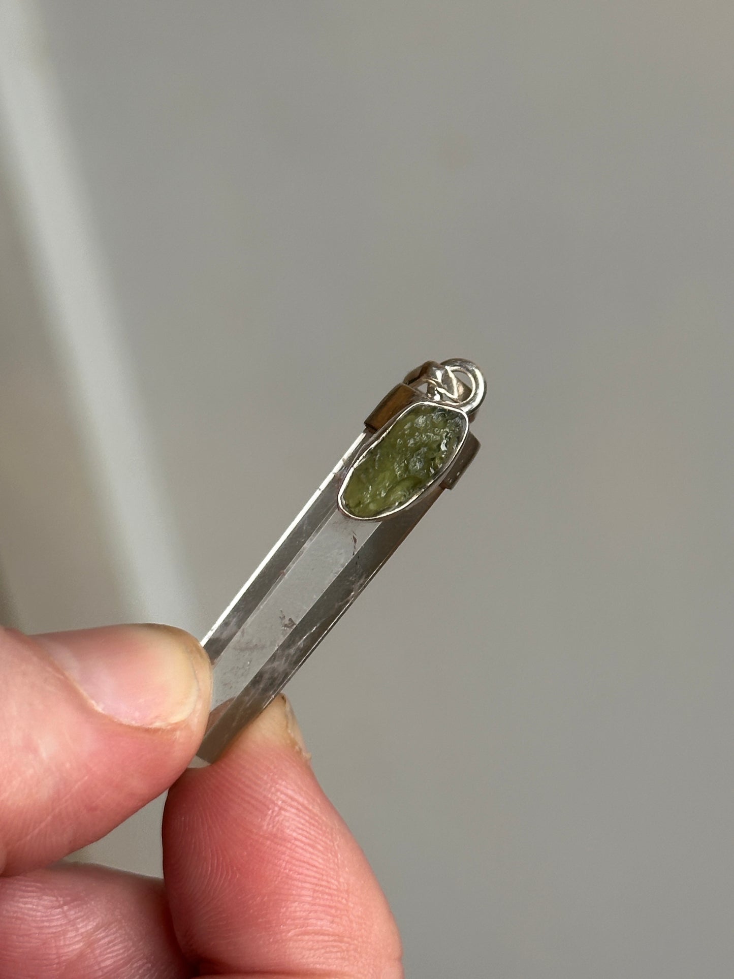 Sterling Silver 925 Clear Quartz Point with Organically Shaped Genuine Moldavite Pendant 4.5cm