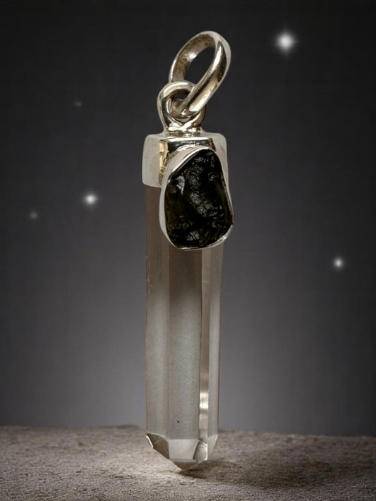 Sterling Silver 925 Clear Quartz Point with Genuine Moldavite Pendant 4.5cm