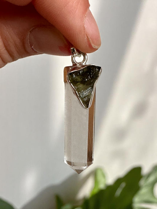 Sterling Silver 925 Clear Quartz Point with Genuine Moldavite Pendant 4.5cm