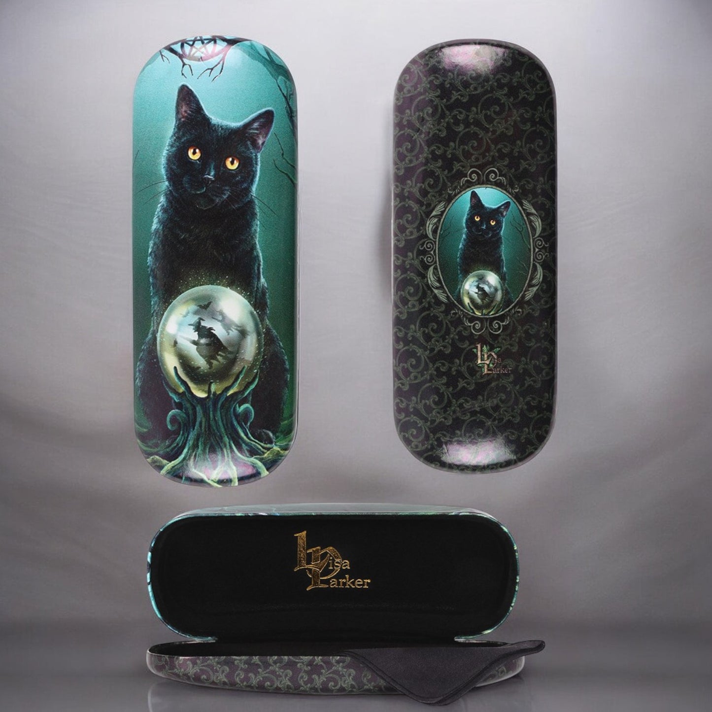 Rise of the Witches' black cat and crystal ball glasses case - Artwork by Lisa Parker