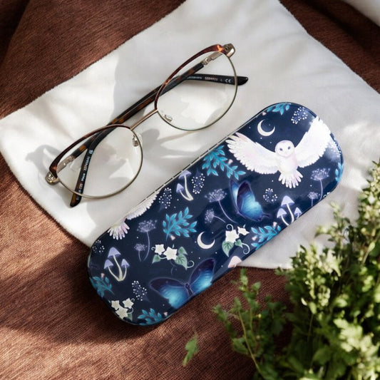 Mystical mushroom and barn owl hard back glasses case with cleaning cloth