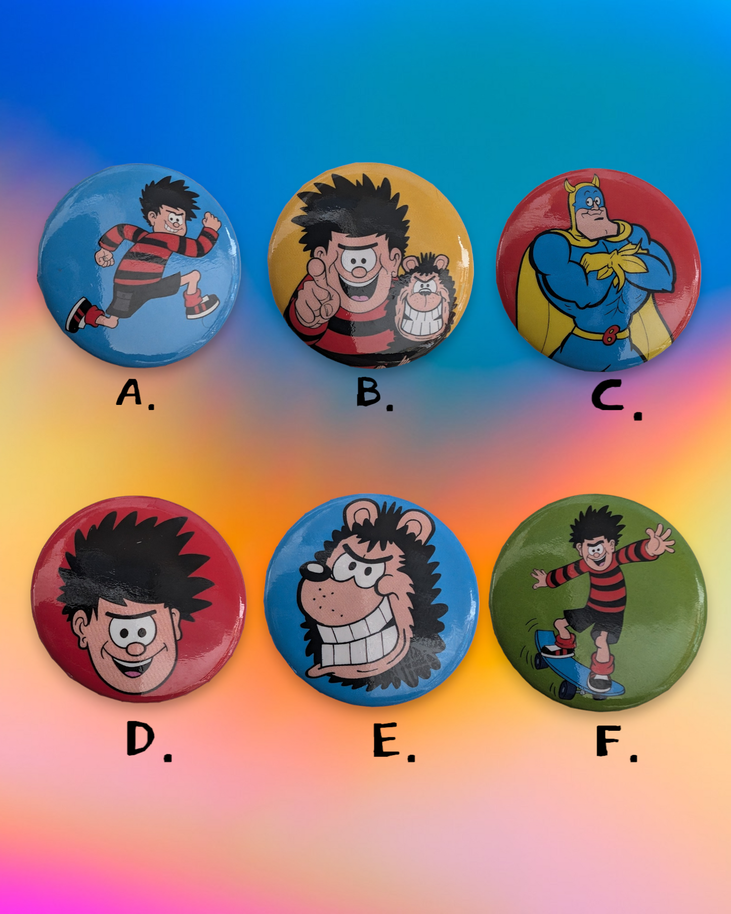 Beano Button Badges Banana Man Gnasher Dennis The Menace