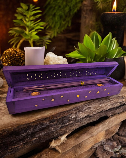 Purple Star Wooden Incense Ash Catcher Box with Bergamot Incense Sticks