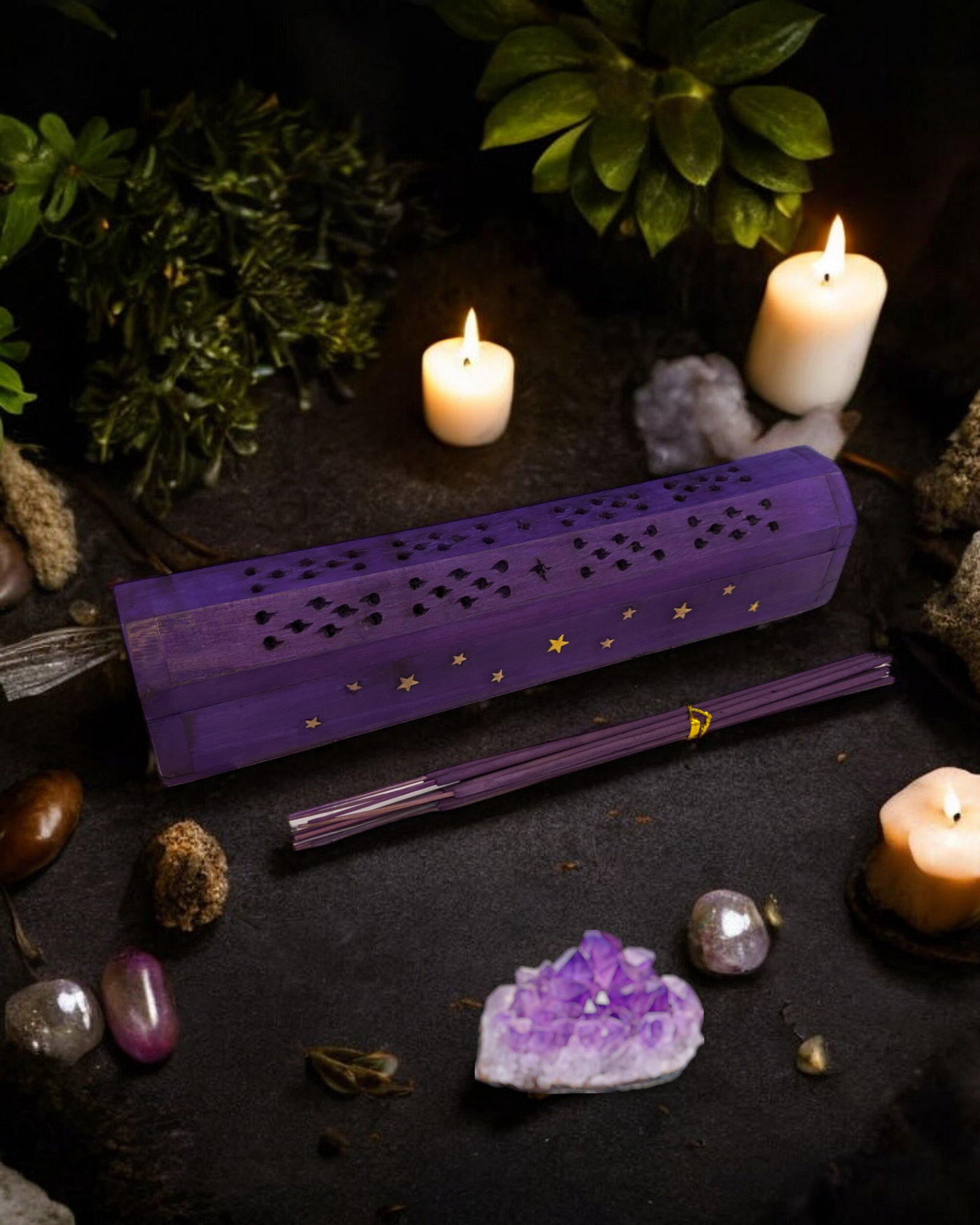 Purple Star Wooden Incense Ash Catcher Box with Bergamot Incense Sticks