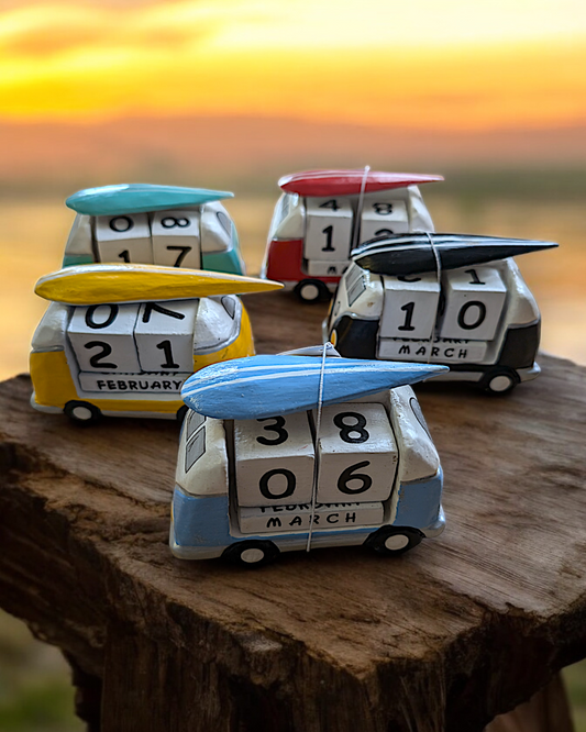 Fair Trade Rustic Small VW Style Perpetual Calendars Surf Run To The Sun