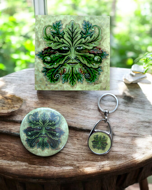 Green Man Art Card Mirror or Keyring - Eco Fantasy Art by Esther Remmington