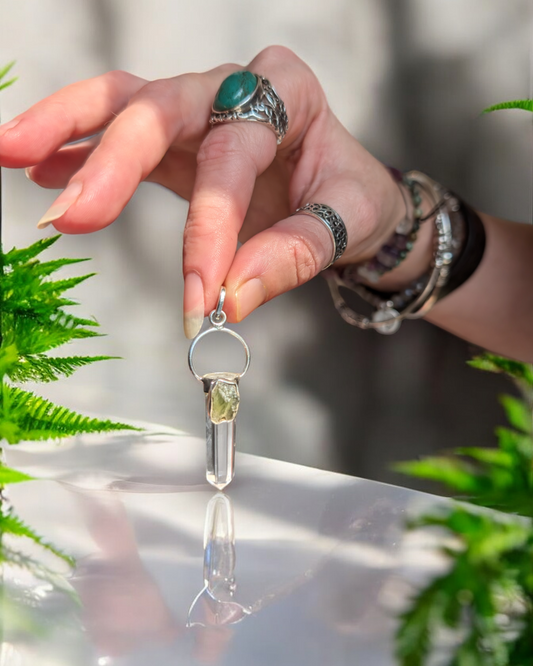 Sterling Silver 925 Moldavite and Quartz Point Pendant 5.5cm