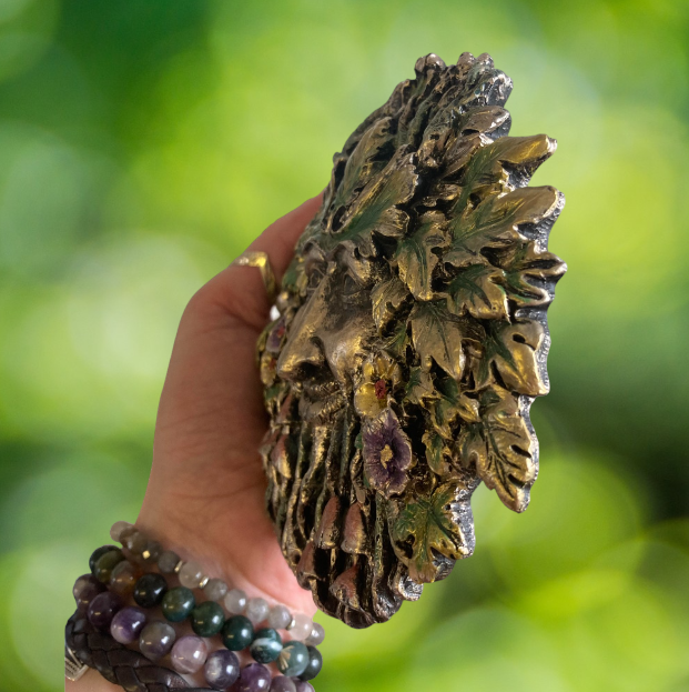 Rugosa greenman garden or home wall plaque - beautifully hand painted in greens and golds.