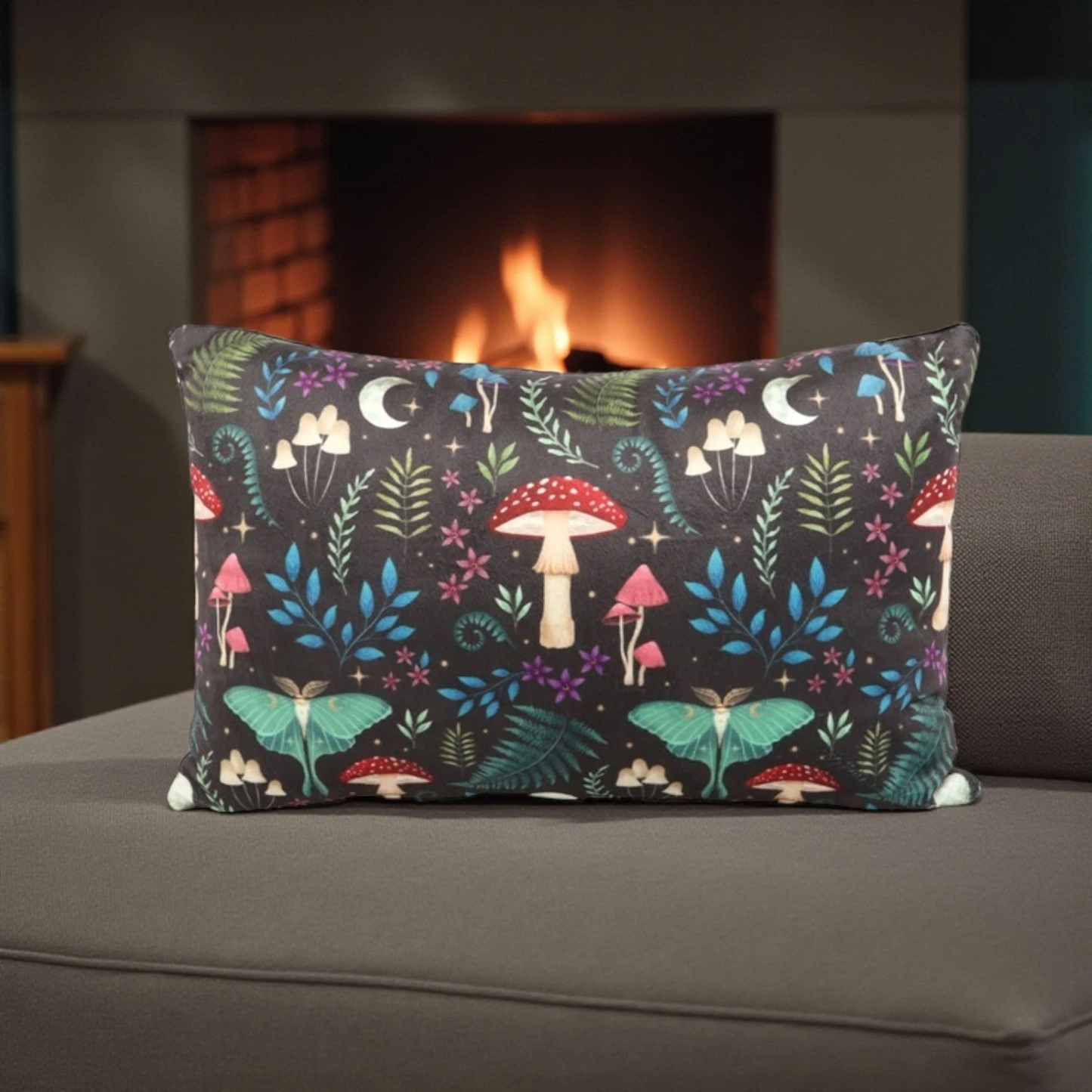 Dark Forest rectangle cushion - Mystical mushrooms/Moths- For sofa or bed - 38cm