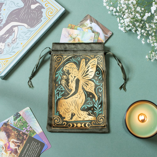Stardust Fairy Drawstring Pouch Tarot Bag Green & Gold Velvet