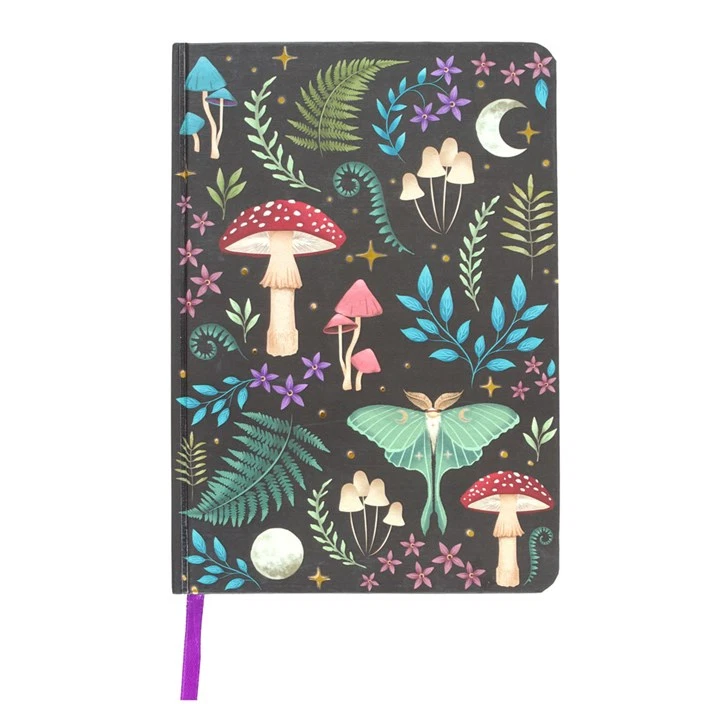 Dark Forest Mushroom Toadstool Moon Moth Leaves A5 Lined Notebook Journal