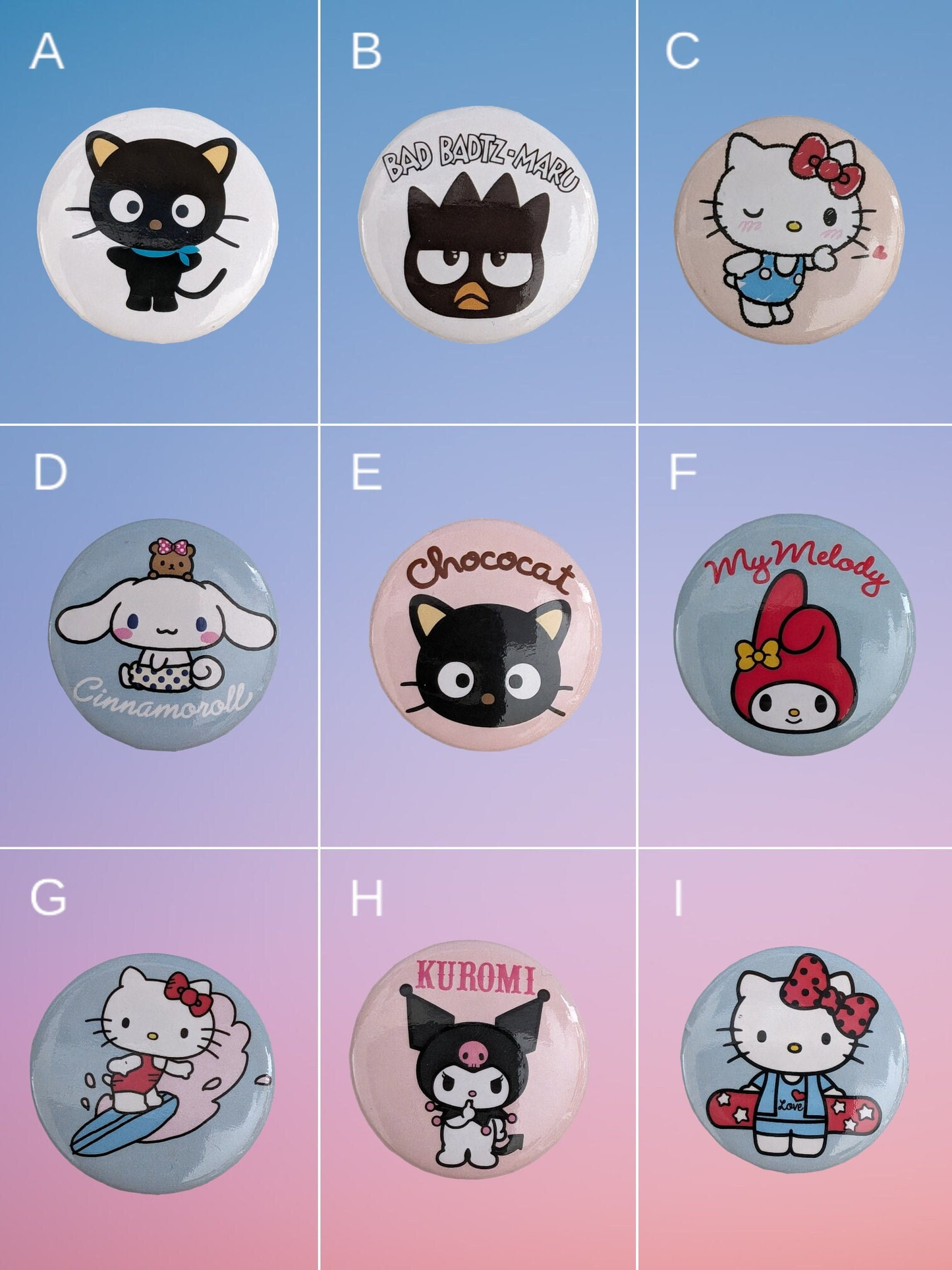 Sanrio Hello Kitty & Friends Button Badges Chococat Bad Badtz Maru Cinnamonroll Mr Melody Kuromi Collectable