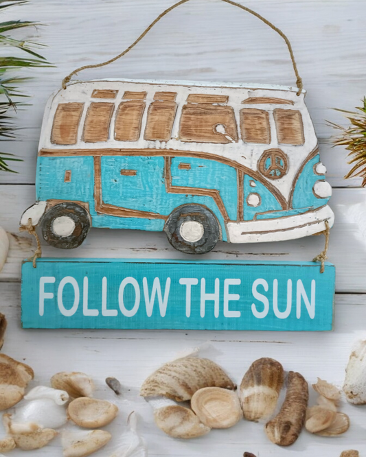 Fair Trade Rustic Wooden Hand-Carved Turquoise Blue Camper Sign Follow The Sun RTTS Newquay