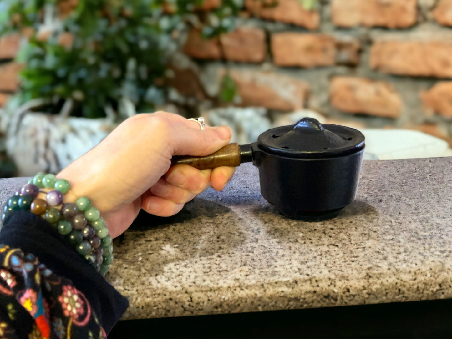 Small cast iron burner with lid and wooden handle - perfect for wax melts, resin incense and log burners