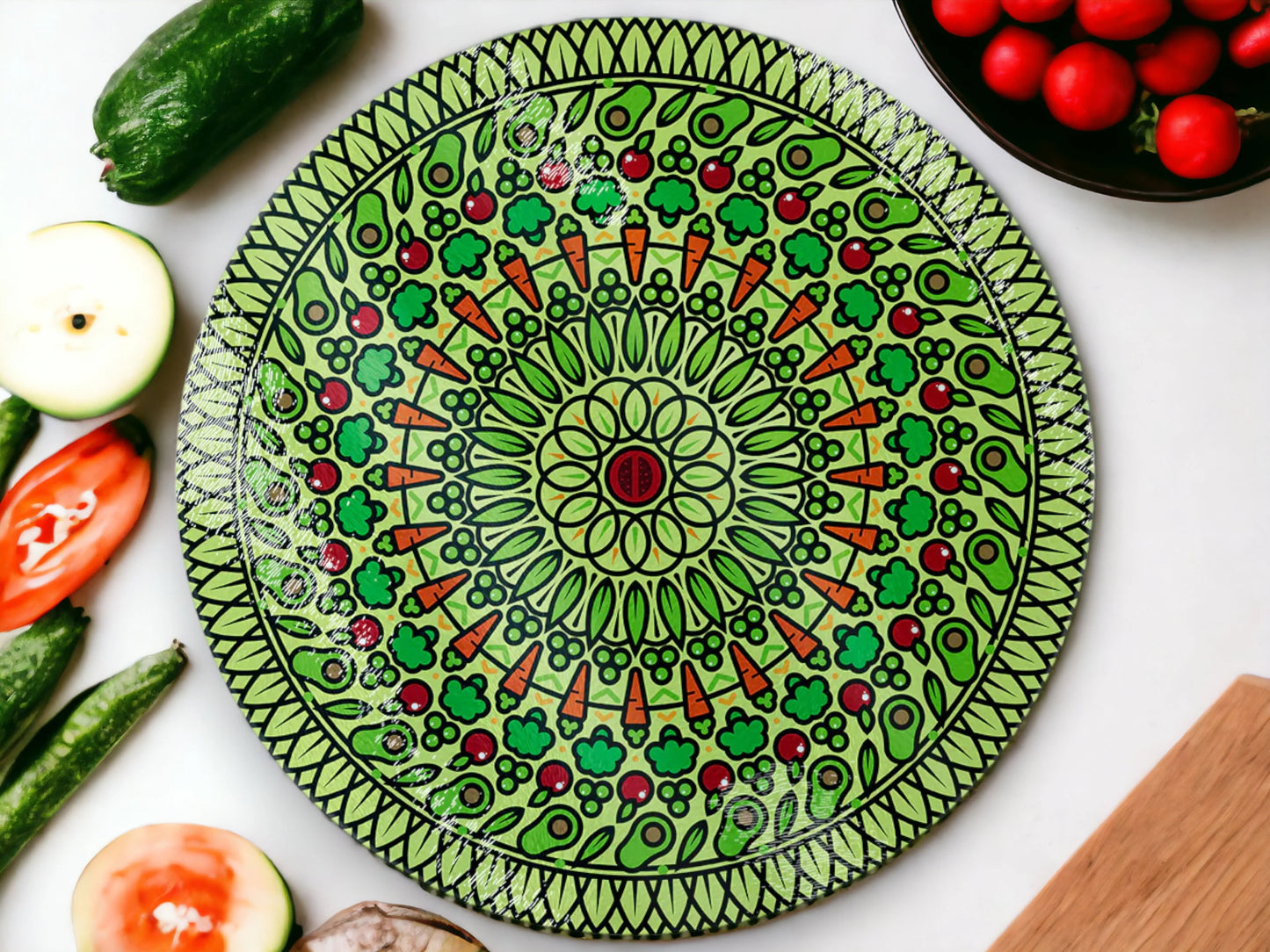 Circular Glass Veggie Mandala Design Chopping Board - Vegetarian Vegan Gift