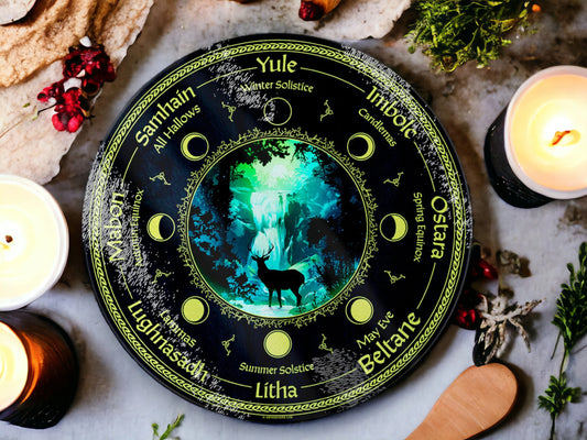 Circular Glass Pagan Calendar Celtic Wheel of the Year Design Chopping Board - Stunning Culinary Gift