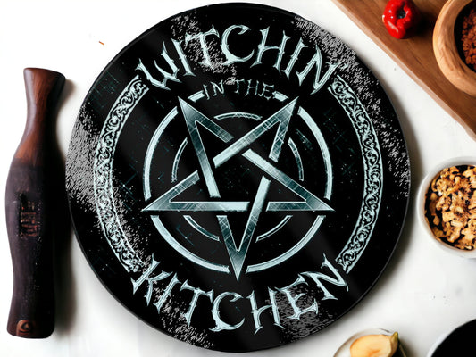 Circular Glass Witchin in the Kitchen Pentagram Design Chopping Board - Pagan Witch Goth Gift