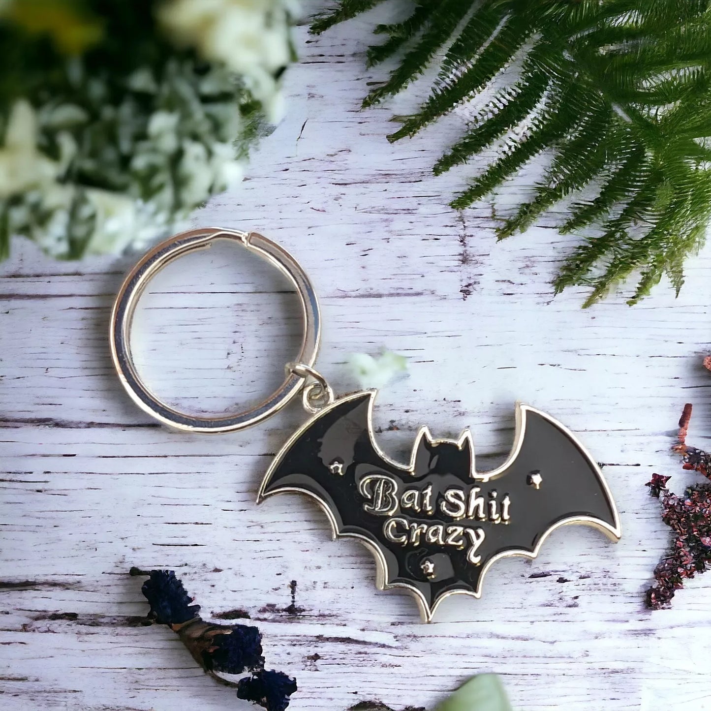 Enamelled Metal Bat Shit Crazy Keyring Funny Goth Witchy Gift