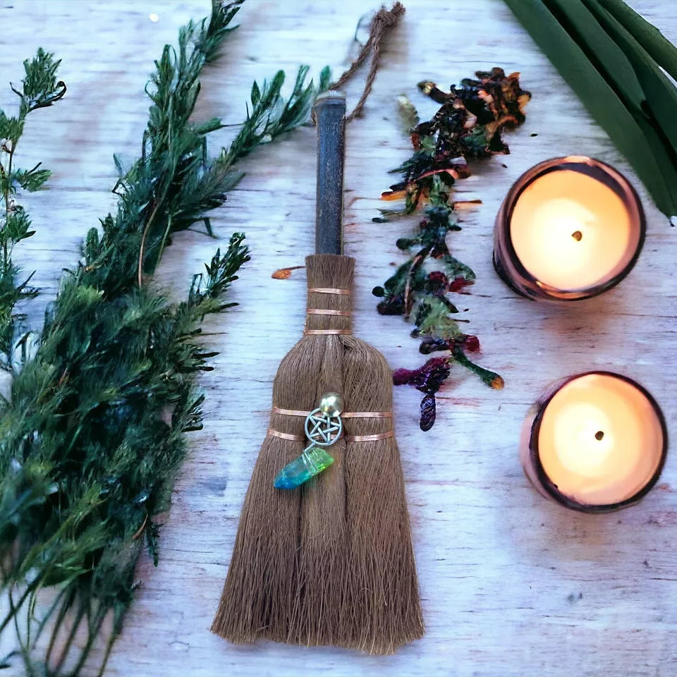 Altar Broom Besom 24cm with Pentacle Tree of Life & Coloured Glass Detail