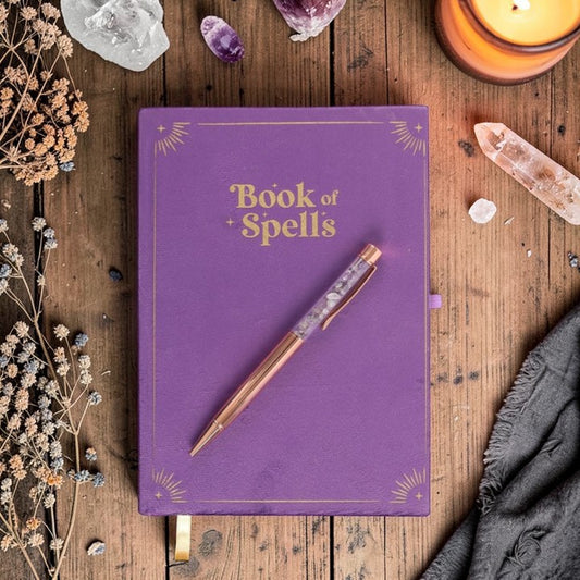 Book of Spells Journal with Amethyst Crystal Pen Witchy Gift Pagan Notebook