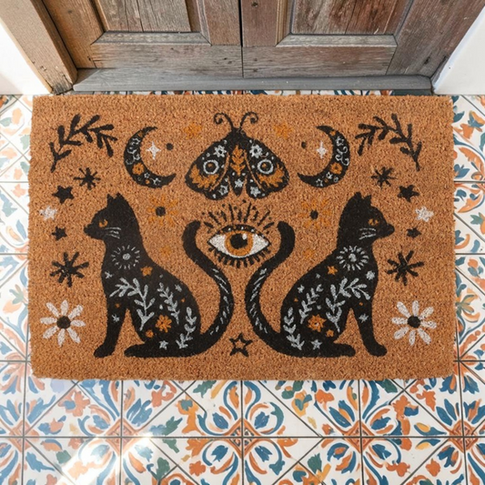 Frightful Folk Art Coir Doormat Cats Moon Moths Witchy