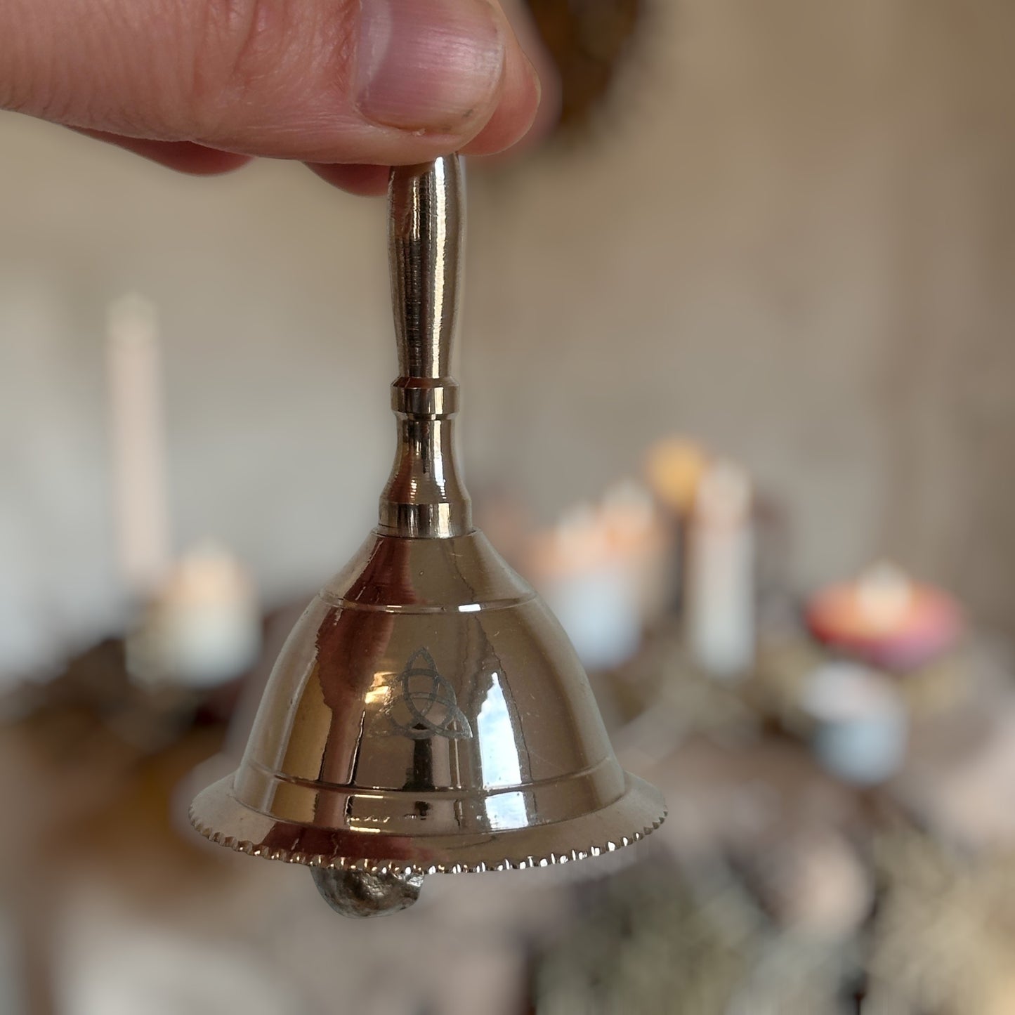Mini Silver Nickel Altar Bell Triquetra Design- Pagan Wiccan Witch Small